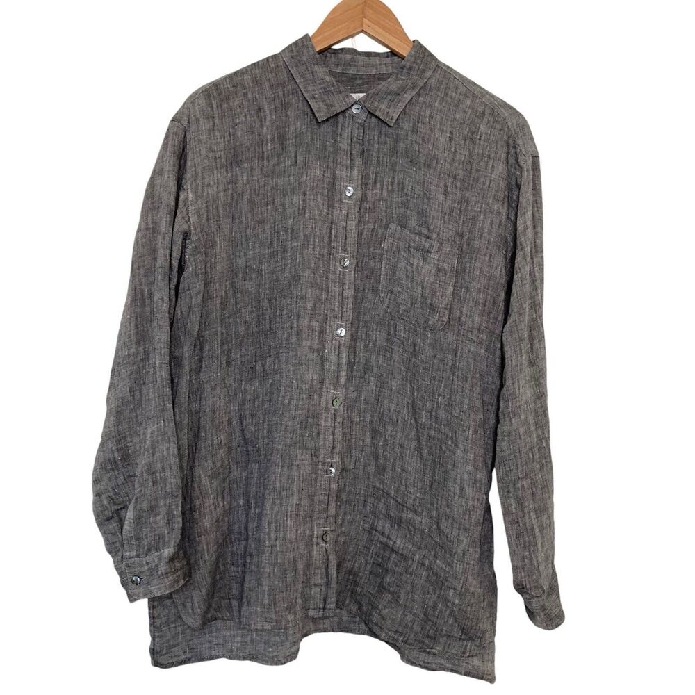 J. Jill 100% Linen Medium M Essential Shirt Gray Button Front Long Sleeve